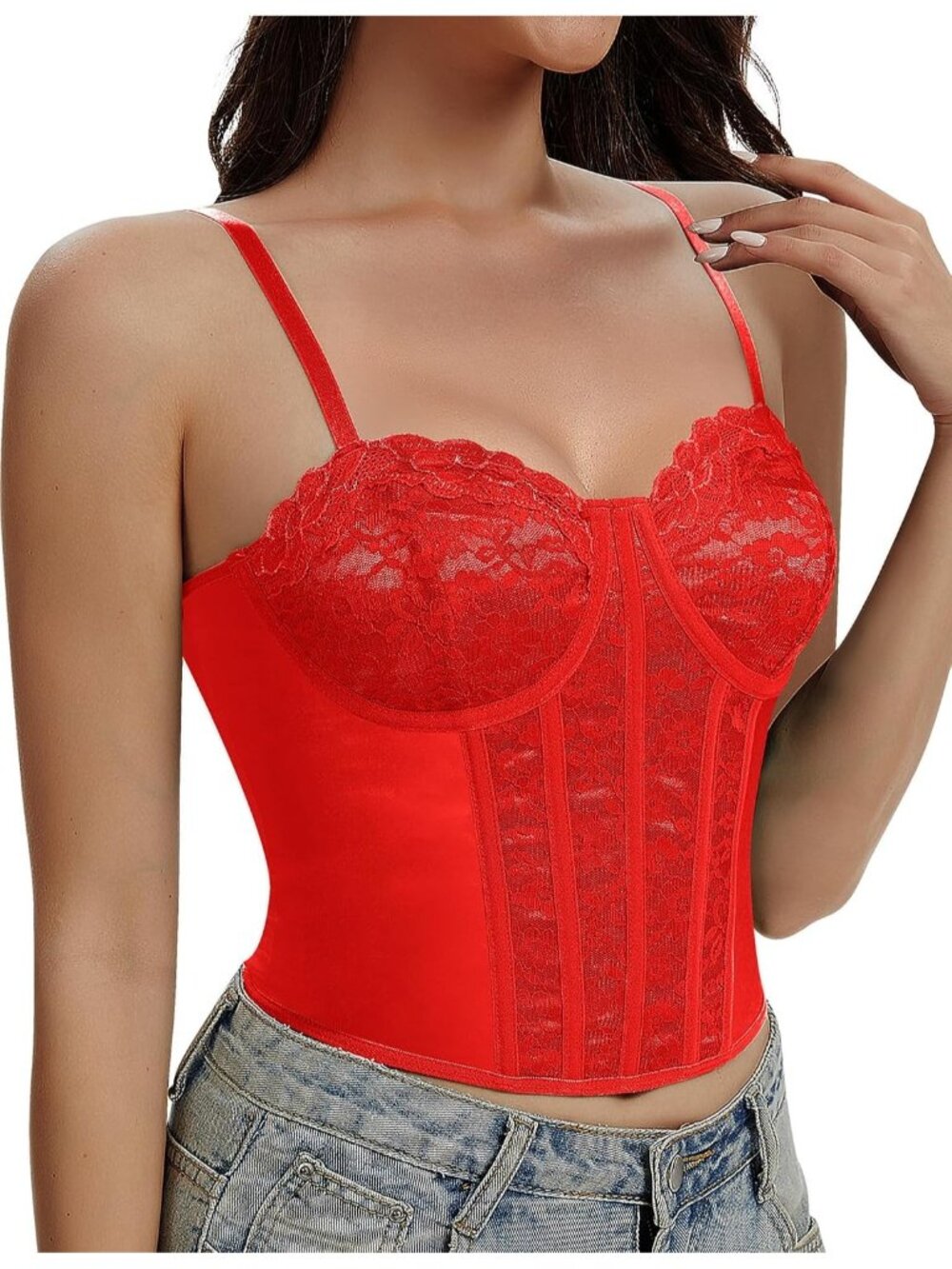 Women's Red Straps 3-rows Back Hooks Fitted Underwire Lace Bustier Corset Top
